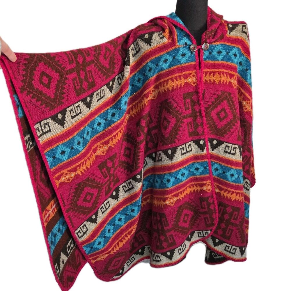 Shawl Sweater Poncho Aztec Fringe Hem Boho One Size Fits All Tribal Geometric